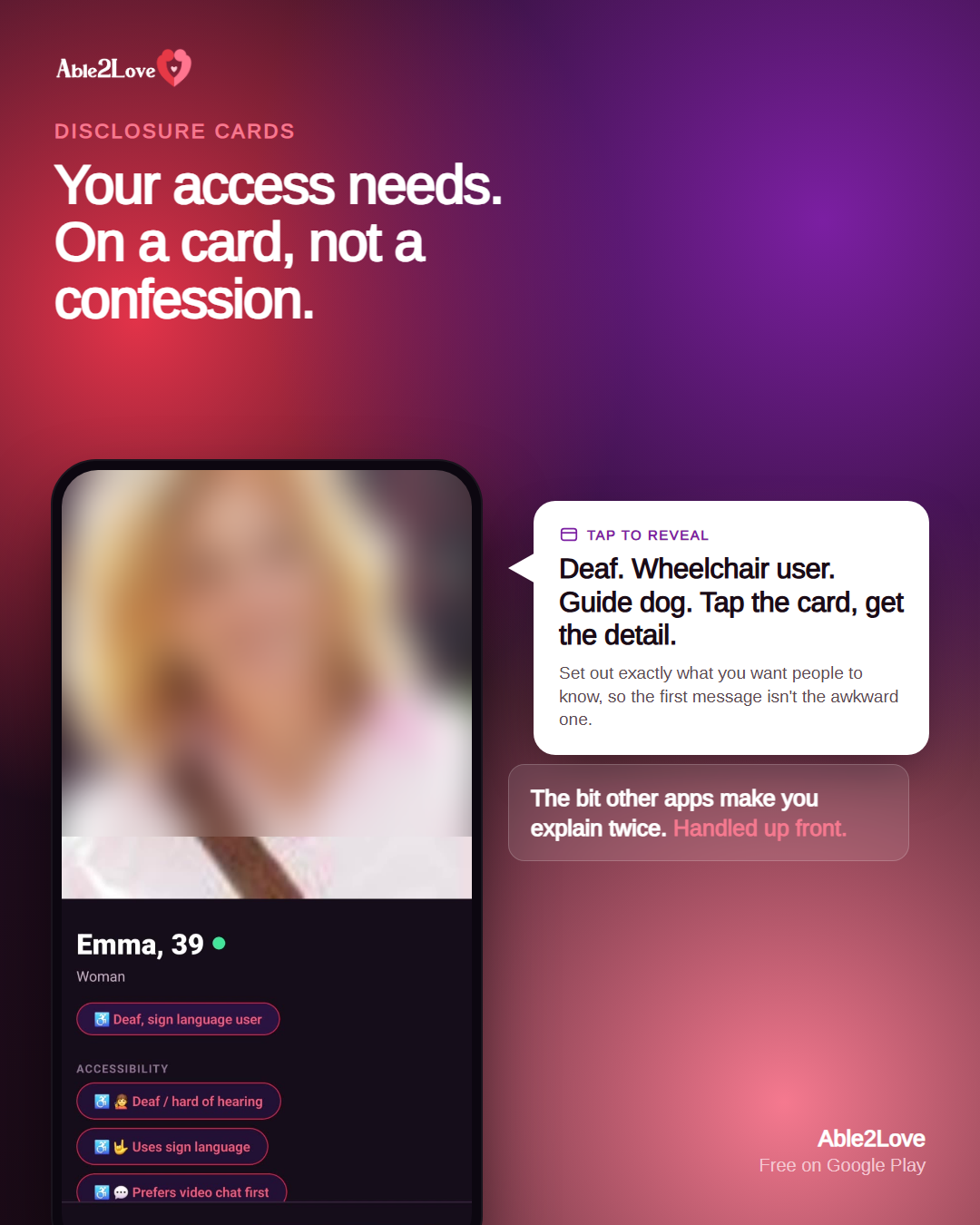 An Able2Love profile showing tap-to-reveal disability disclosure cards under an Accessibility heading.