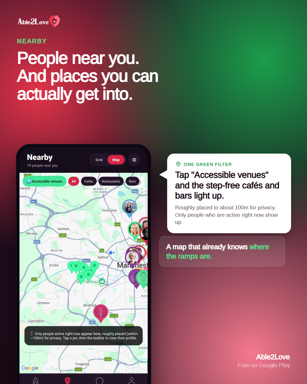 The Able2Love Nearby map showing people and step-free accessible venues.