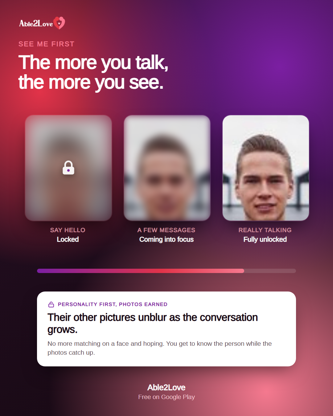 See Me First: photos going from blurred to clear as a conversation grows.