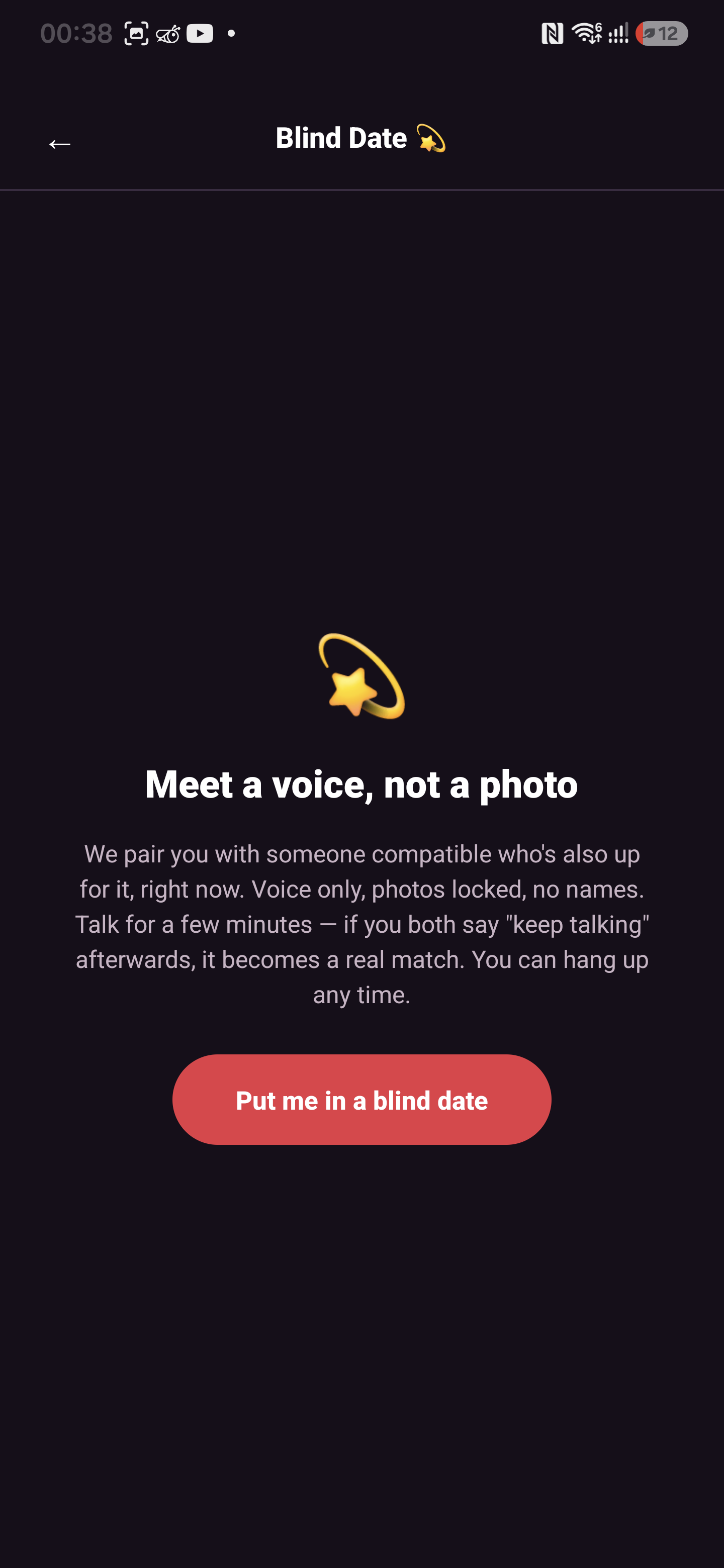 The Able2Love Blind Date screen: meet a voice, not a photo — photos locked, no names.