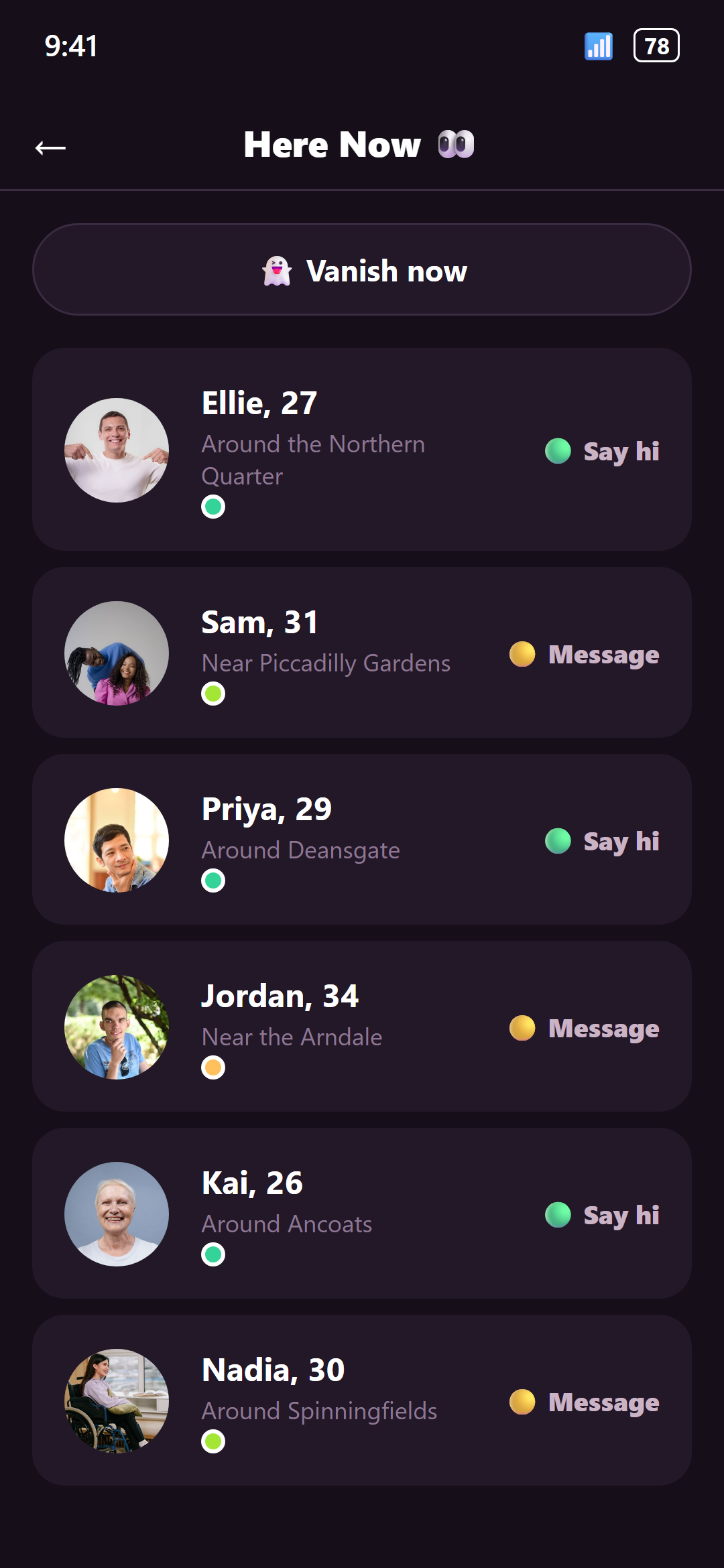 The Able2Love Here Now screen: meet the people around you, visible only when you choose.