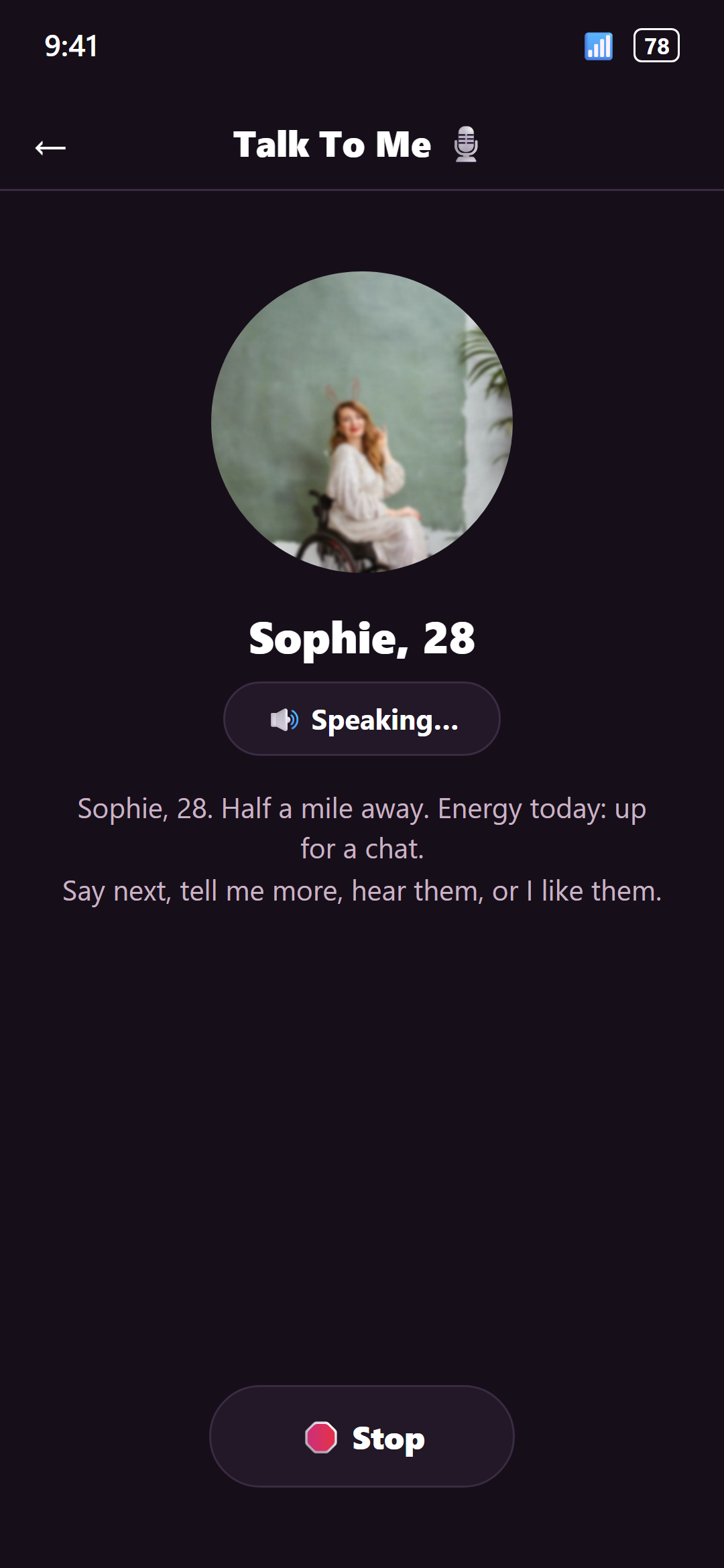 The Able2Love Talk To Me screen: someone being introduced out loud, browse and match by voice.